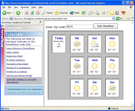 formsPlayer, showing XForms content in the main window and a sidebar