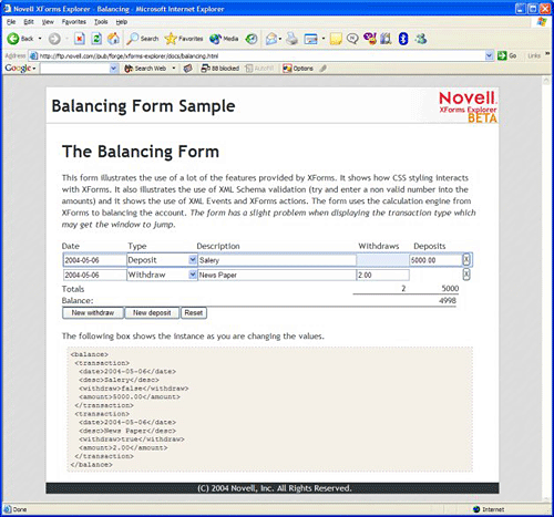 Novell's plugin engine, showing form controls and resulting XML side-by-side