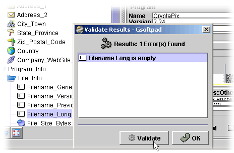 Screen capture (partial): Gsoftpad validation message