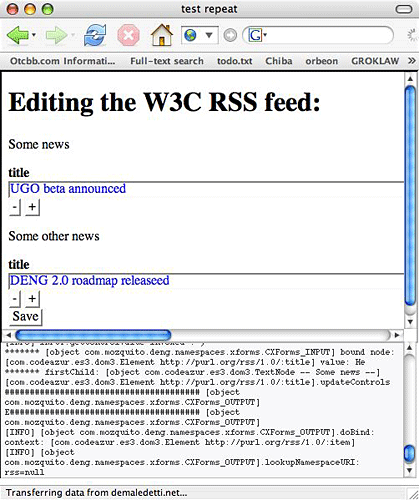100% ECMAscript UGO+DENG editing a RSS file in OS X Firefox, including a debug console