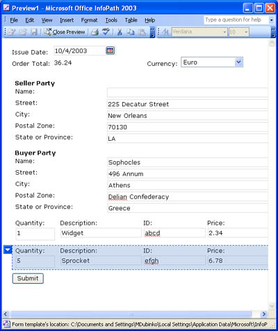 The data entry view of Microsoft InfoPath