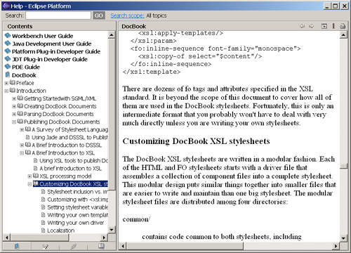 Screen shot of large DocBook document displayed inside the Eclipse help system.