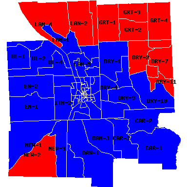 Election districts for Tompkins County with 2004 red/blue